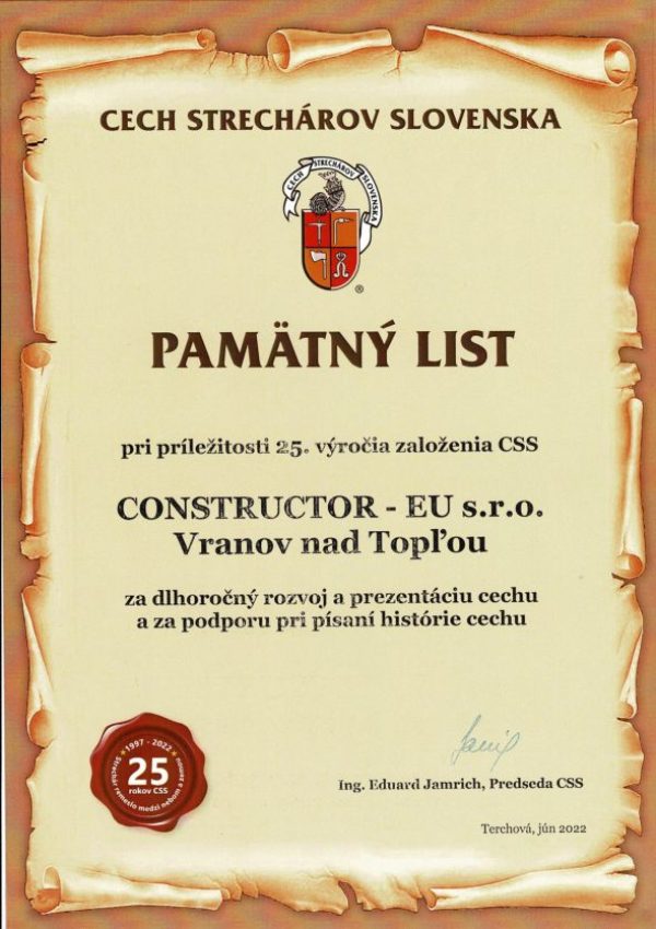 Pamätný list Cechu strechárov Slovenska