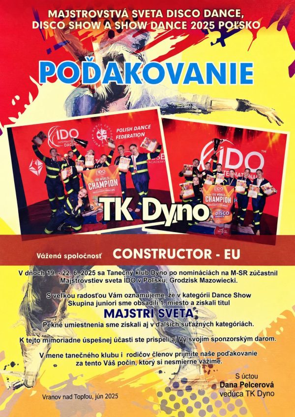 Poďakovanie Tanečného klubu Dyno za podporu na Majstrovstvách sveta IDO 2025
