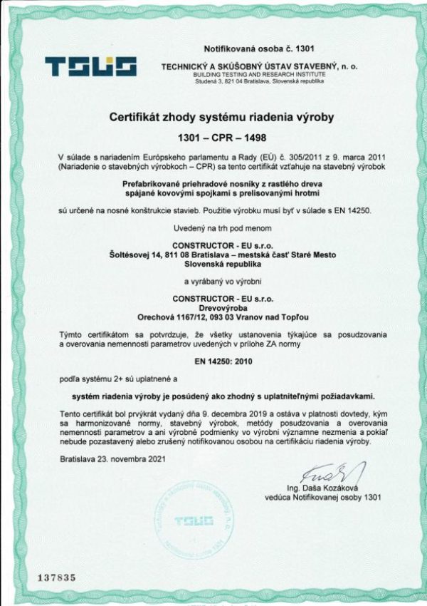 Certifikát zhody výroby väzníkov