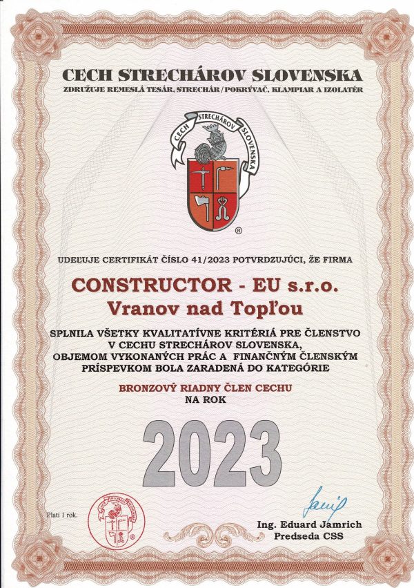 Riadny člen Cechu strechárov Slovenska