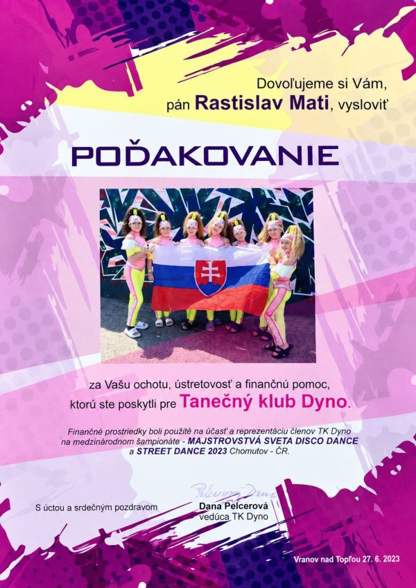 Poďakovanie Tanečného klubu Dyno za podporu na Majstrovstvách sveta 2023