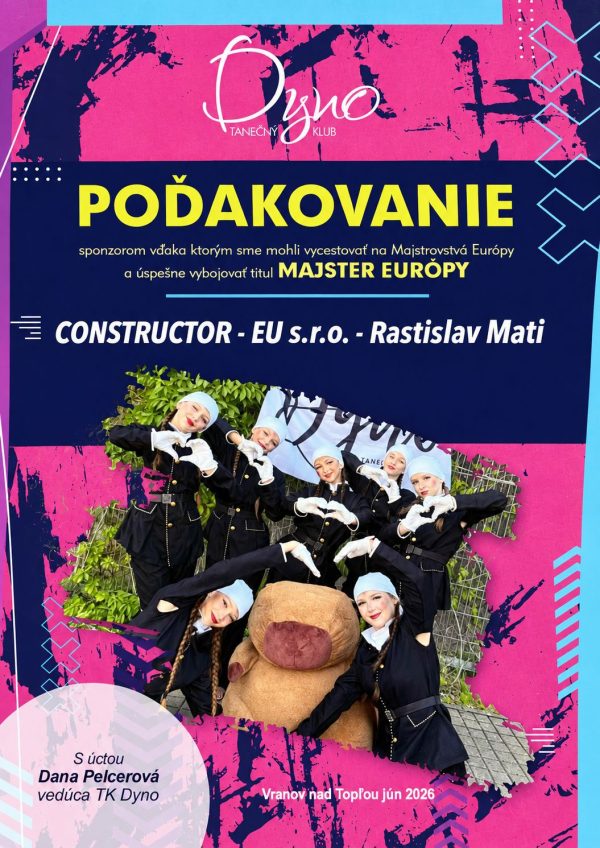 Poďakovanie Tanečného klubu Dyno za podporu na Majstrovstvách Európy 2026